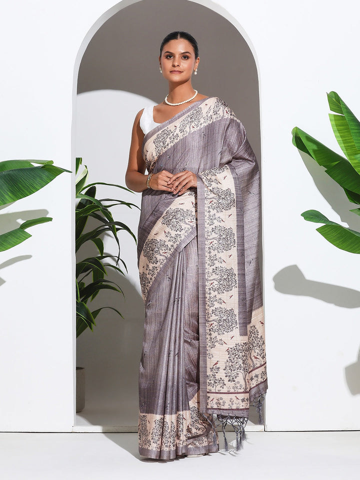 Floral Printed Tussar Silk Saree