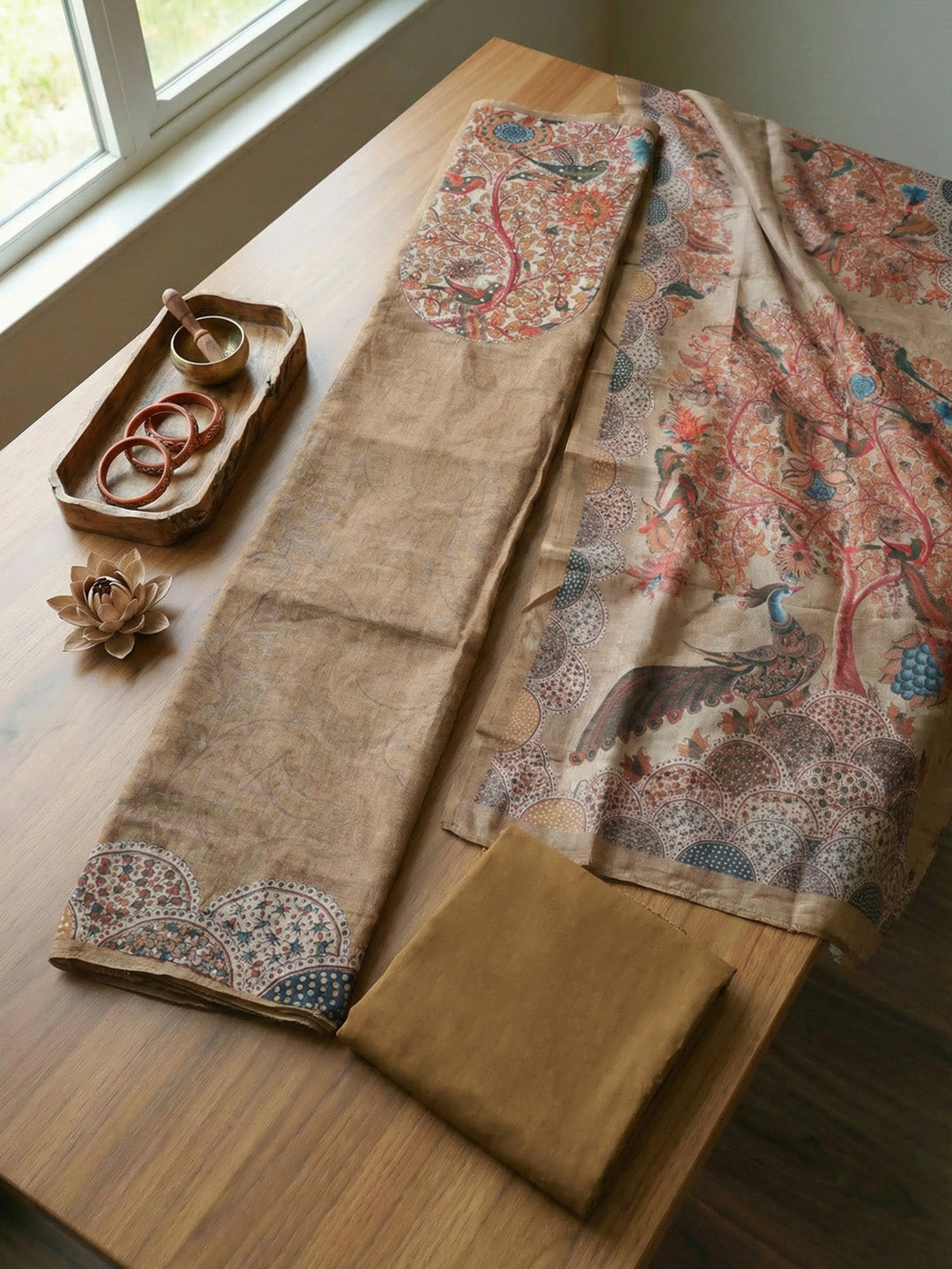 Printed Linen Blend Unstitched Suit With Pant &amp; Dupatta