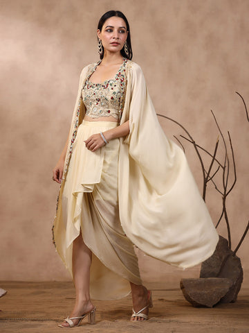 Thread Embroidered Crepe Choli With Pleated Skirt