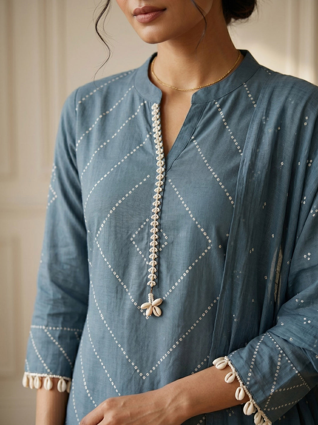 Blue Embroidered Cotton Blend Straight V Neck Suit Set