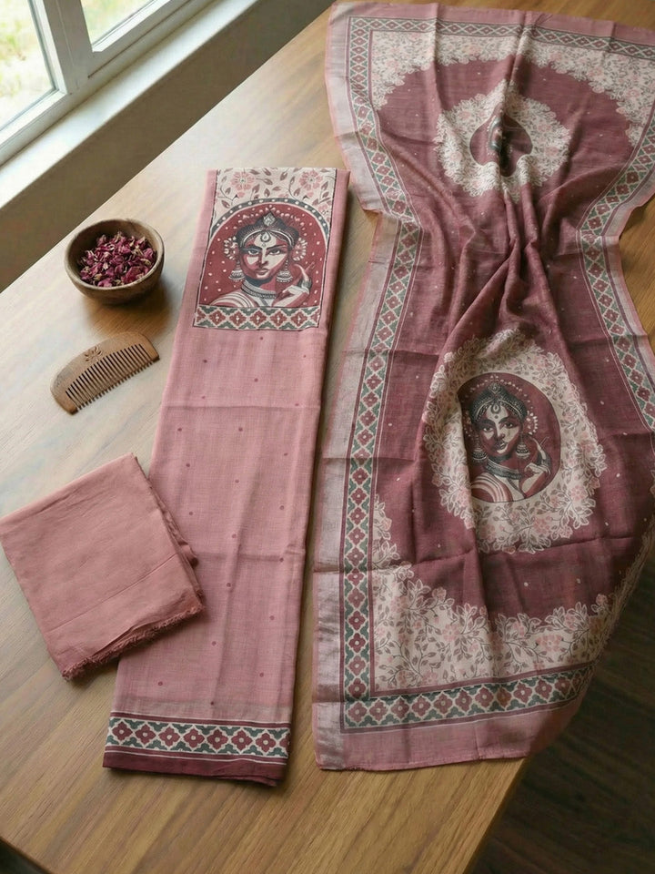 Printed Linen Blend Unstitched Suit With Pant &amp; Dupatta