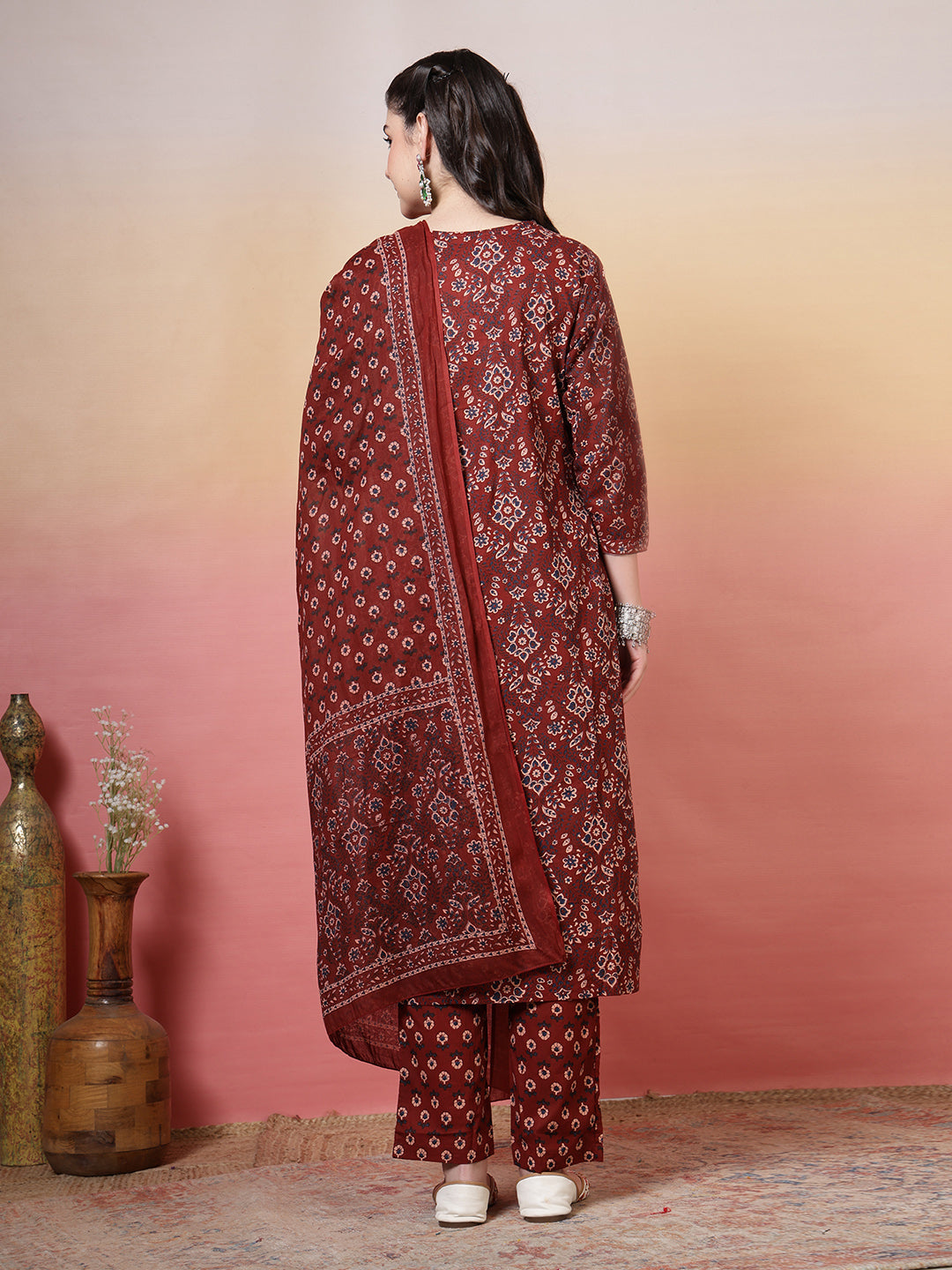 Embroidered Cotton Kurta With Pant &amp; Dupatta