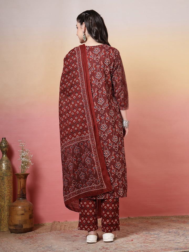 Embroidered Cotton Kurta With Pant &amp; Dupatta