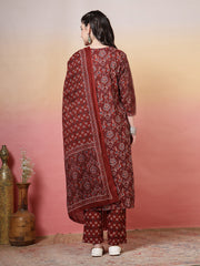Embroidered Cotton Kurta With Pant & Dupatta