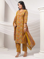 Printed Cotton Blend Kurta With Pants & Dupatta