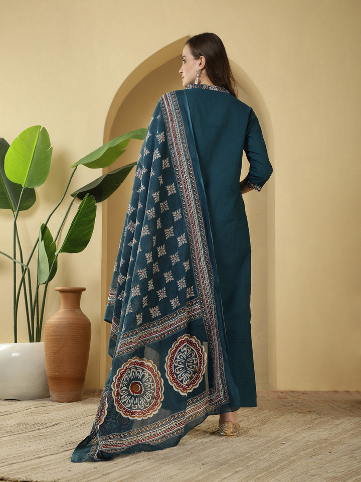 Printed Cotton Blend Kurta With Pants &amp; Dupatta