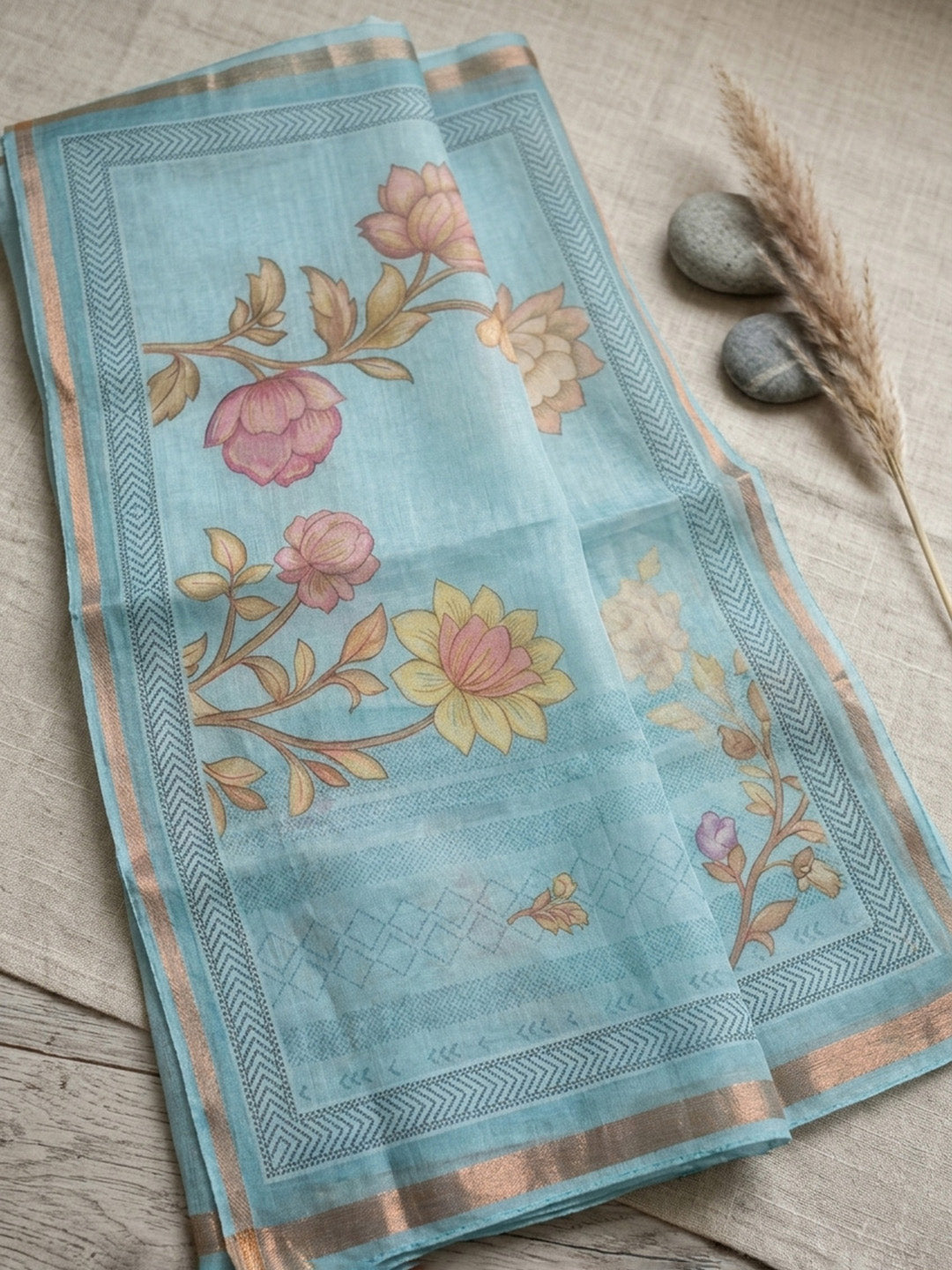Embroidered Linen Blend Unstitched Suit With Pant &amp; Dupatta