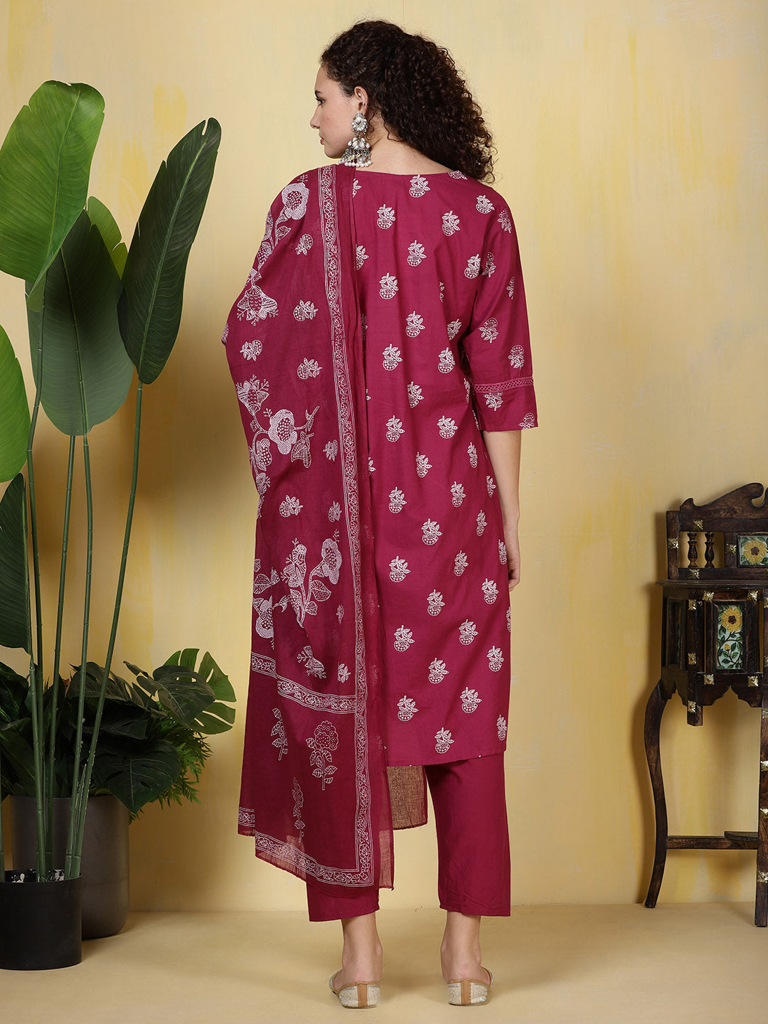 Printed Cotton Blend Kurta With Pants &amp; Dupatta
