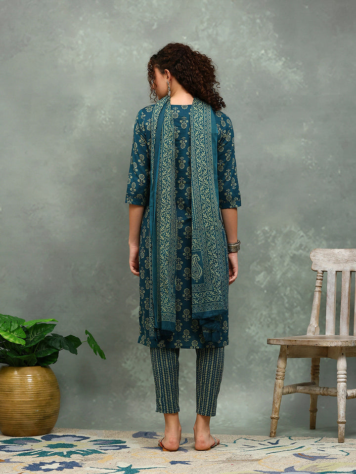 Printed Cotton Blend Kurta With Pants &amp; Dupatta