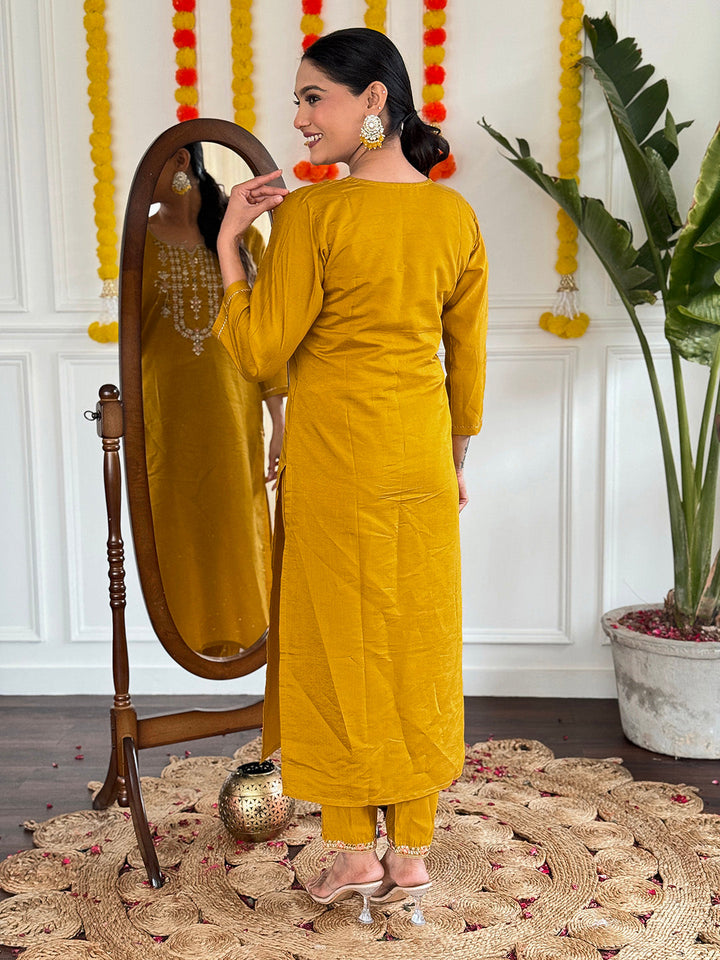 Neck Embroidery Cotton Blend Kurta With Pants &amp; Dupatta
