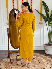 Neck Embroidery Cotton Blend Kurta With Pants & Dupatta