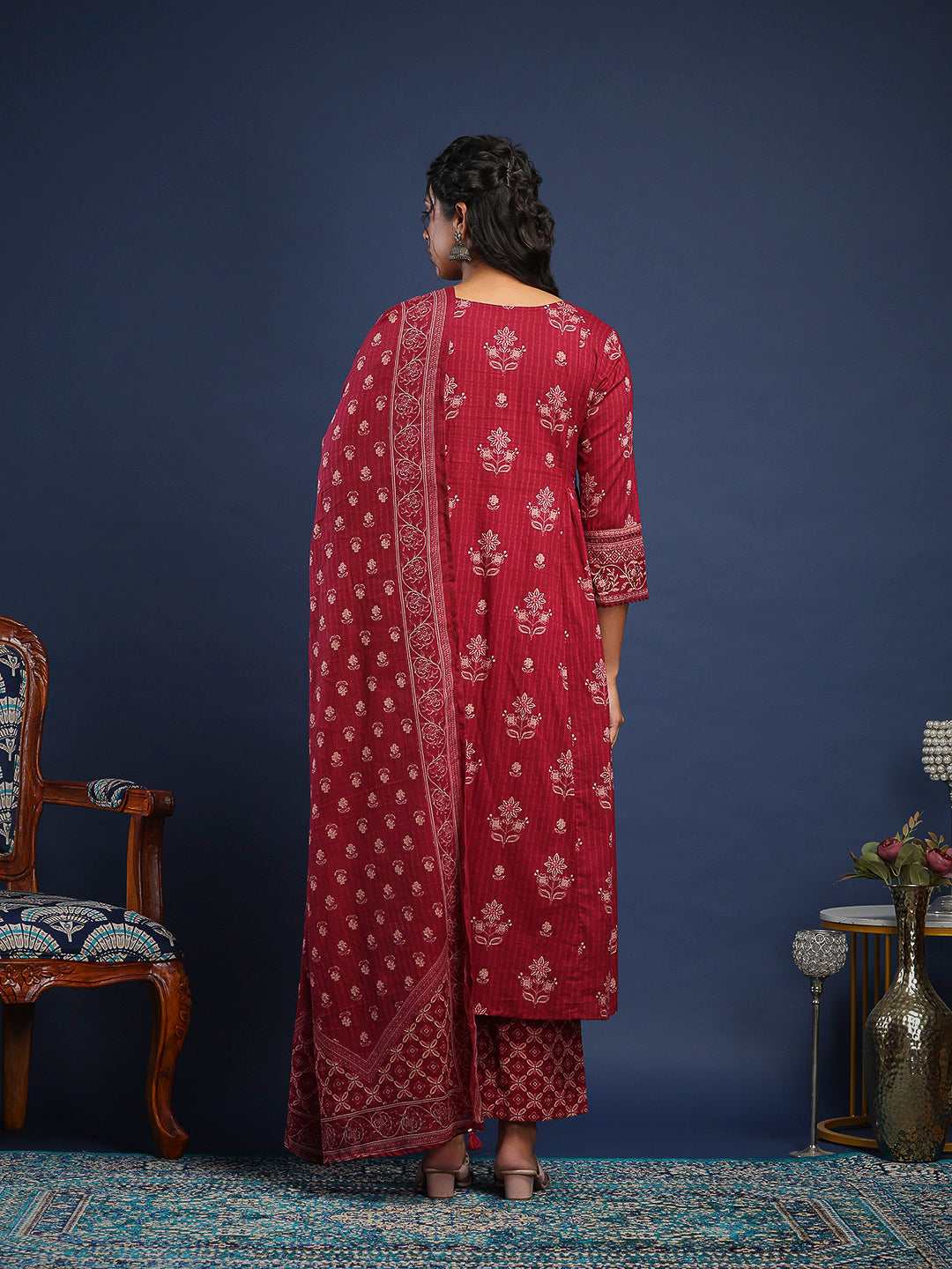 Wine Cotton Blend Printed Straight Suit Set