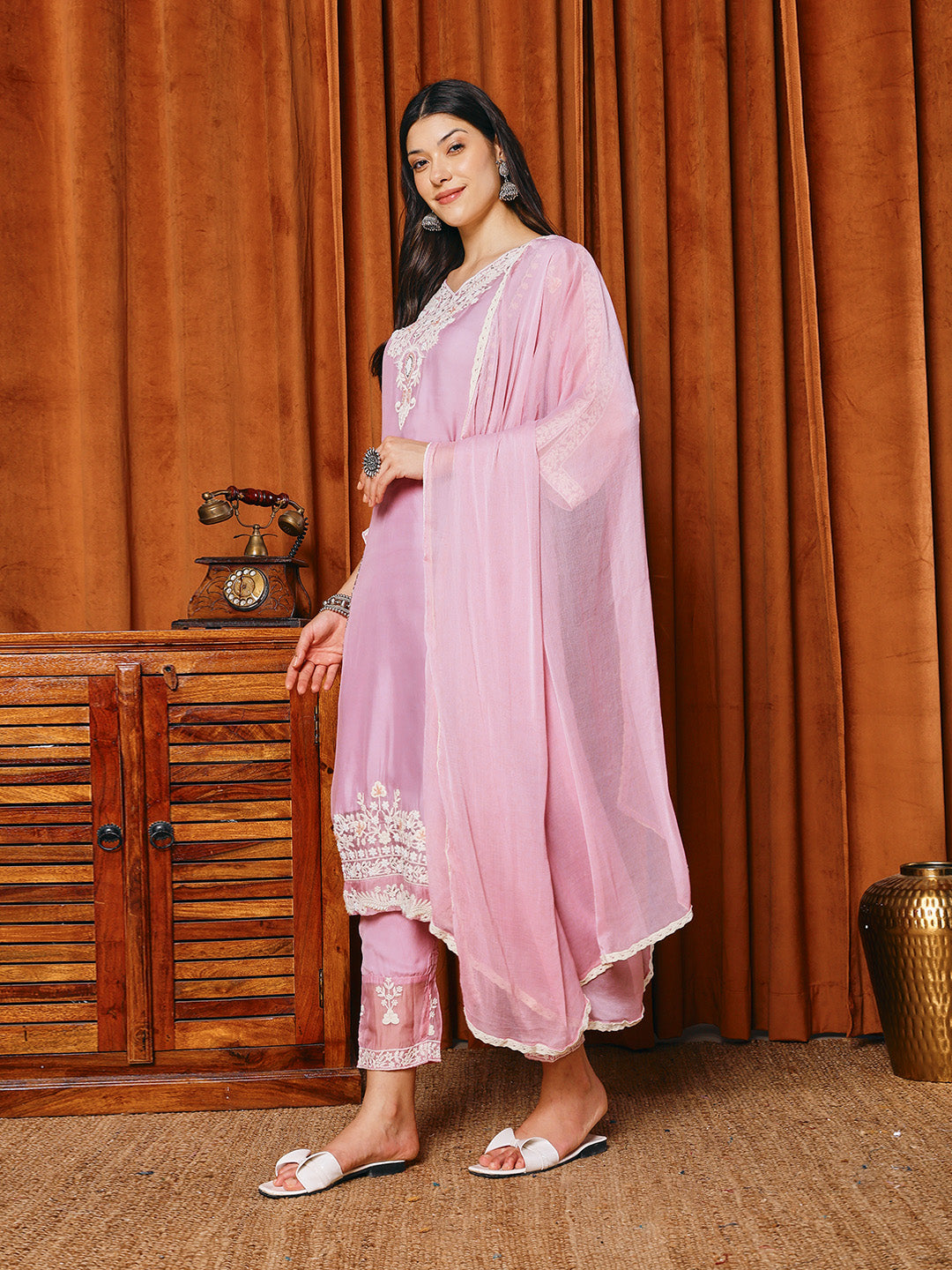 Resham Work Organza Kurta With Pants &amp; Dupatta