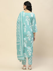 Printed Cotton Kurta With Pants & Dupatta