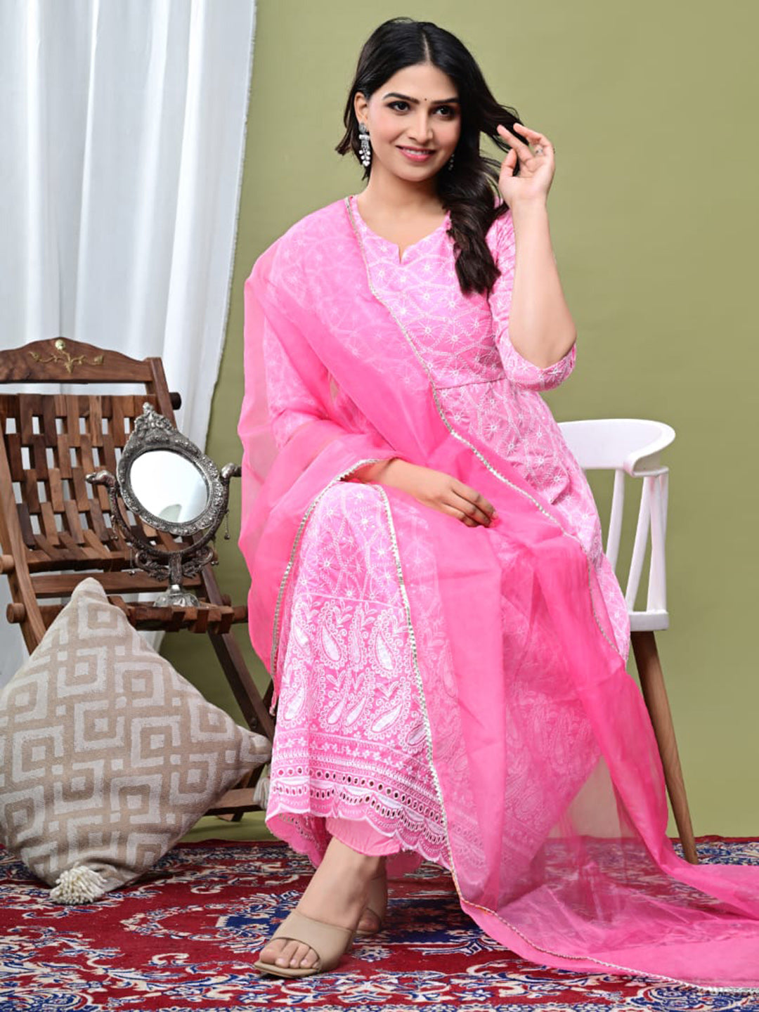 Embroidered Cotton Blend Kurta With Pant &amp; Dupatta