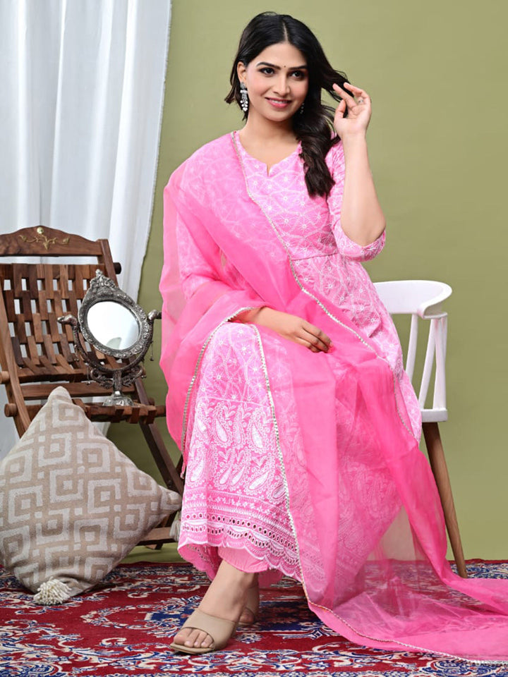 Embroidered Cotton Blend Kurta With Pant &amp; Dupatta