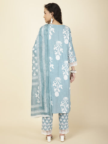 Floral Printed Cotton Kurta With Pants & Dupatta