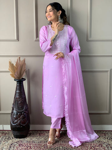 Resham Sequence Embroidery Cotton Blend Kurta With Pants & Dupatta