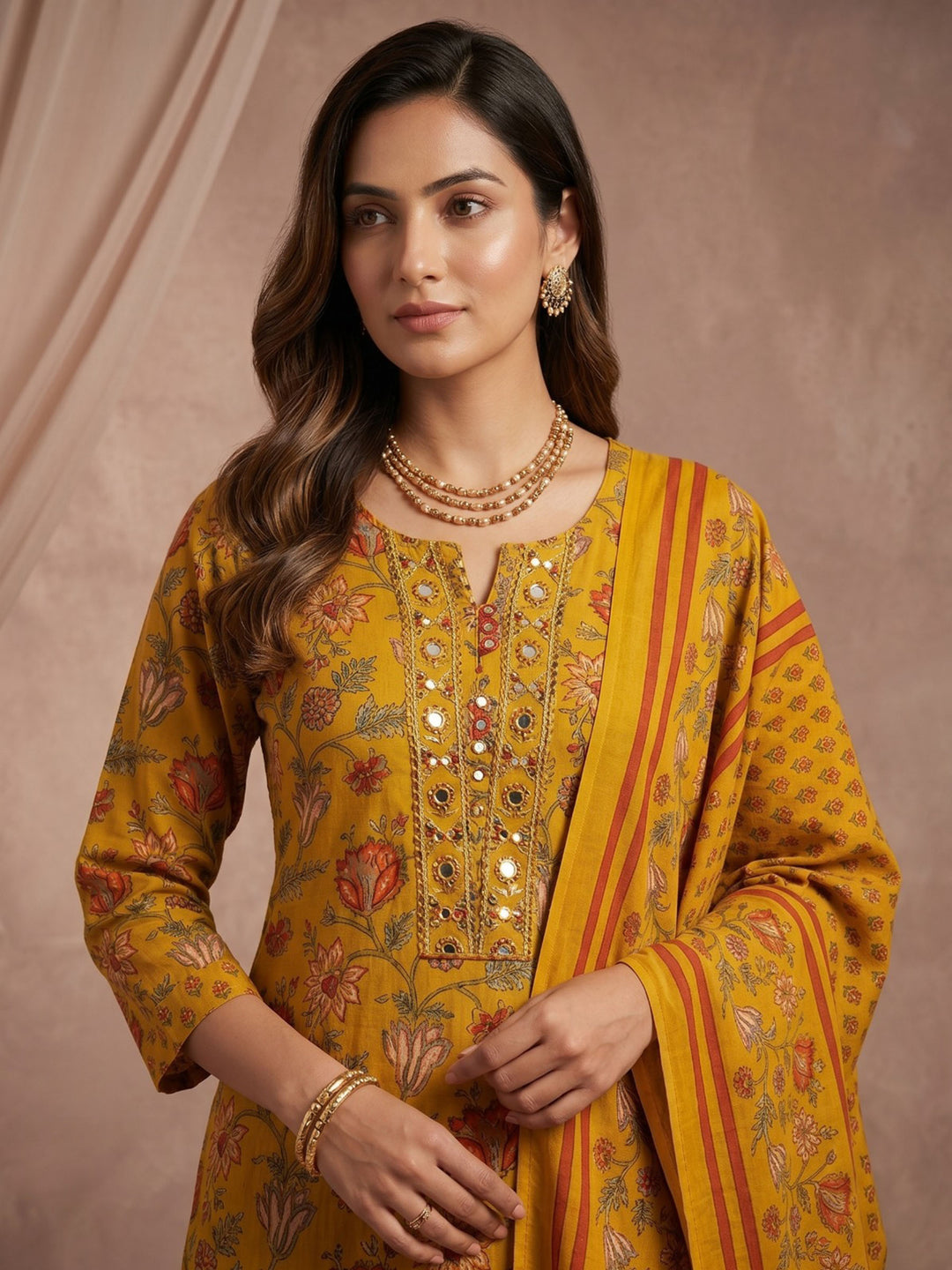 Mustard Embroidered Cotton Blend Straight Round Neck Suit Set