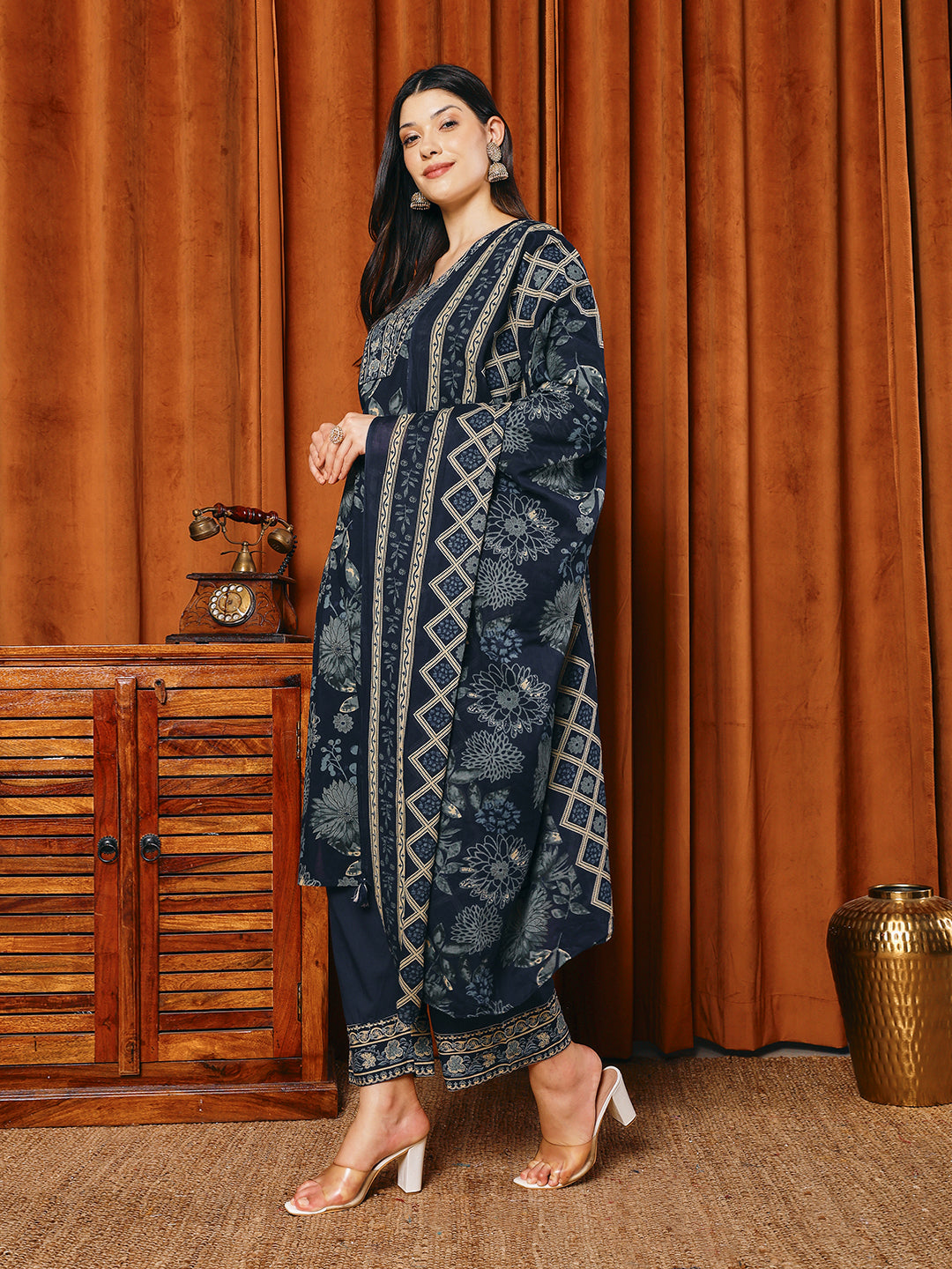 Printed Cotton Blend Kurta With Pants & Dupatta
