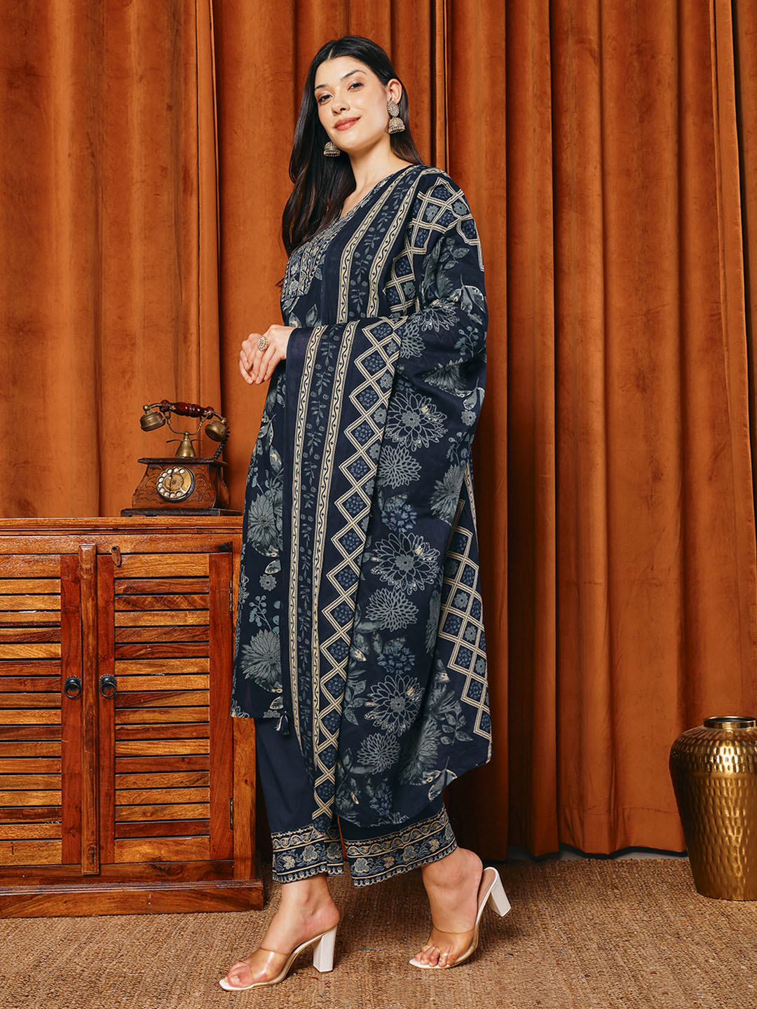 Printed Cotton Blend Kurta With Pants &amp; Dupatta