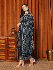 Printed Cotton Blend Kurta With Pants & Dupatta
