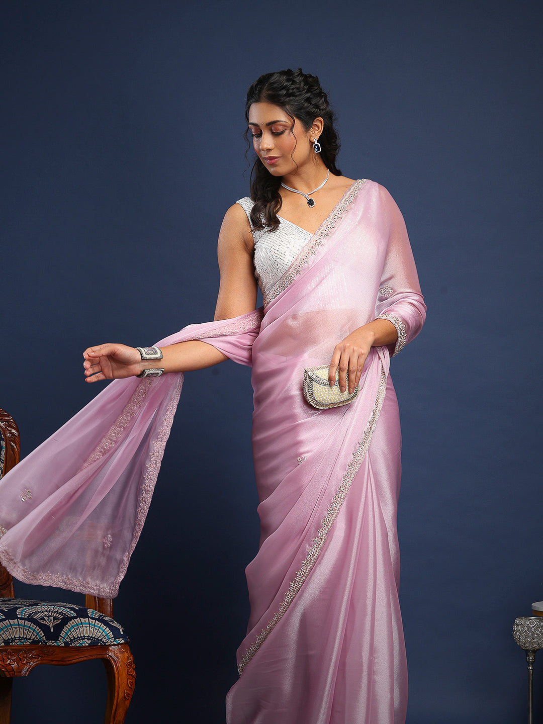 Stone &amp; Thread Embroidered Organza Saree