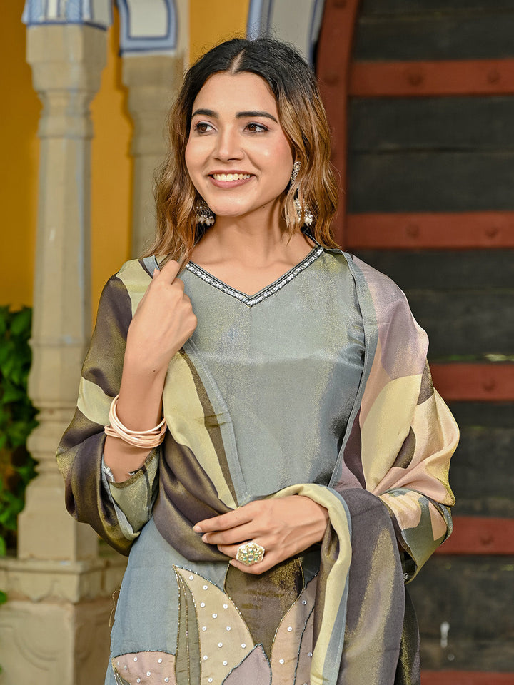 Embroidered Tissue Kurta With Pant &amp; Dupatta