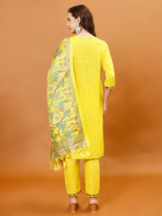 Neck Embroidery Cotton Kurta With Pants & Dupatta