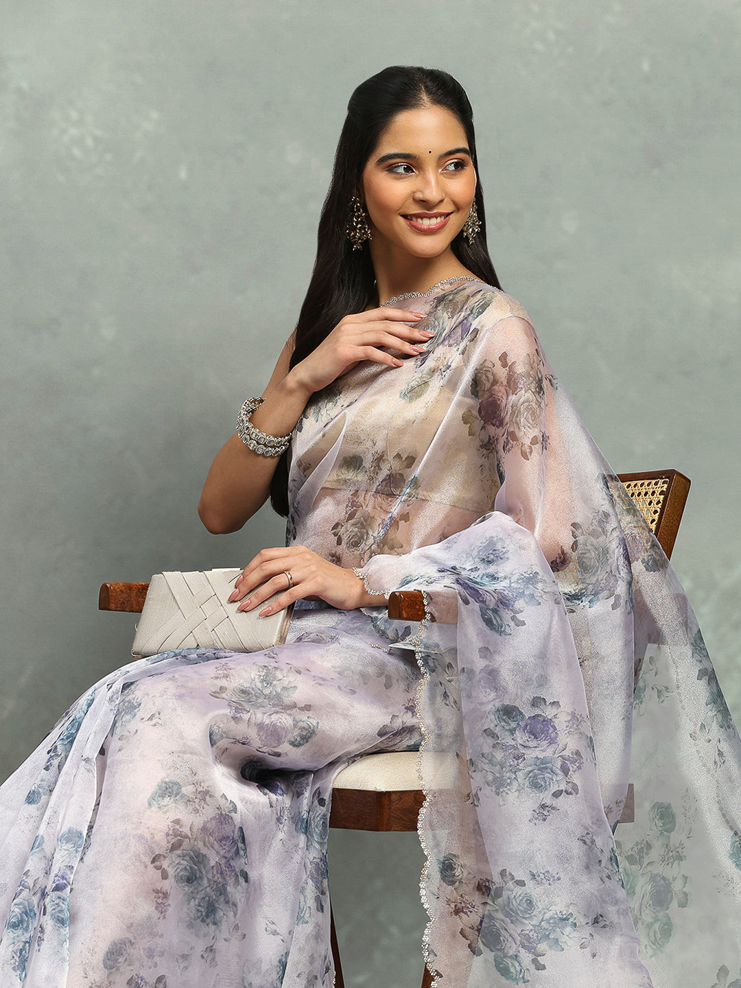 Digital Floral Printed Organza Saree