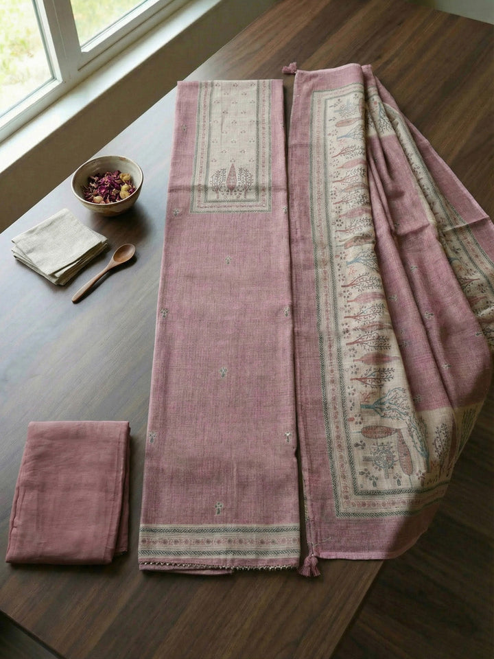 Printed Linen Blend Unstitched Suit With Pant &amp; Dupatta