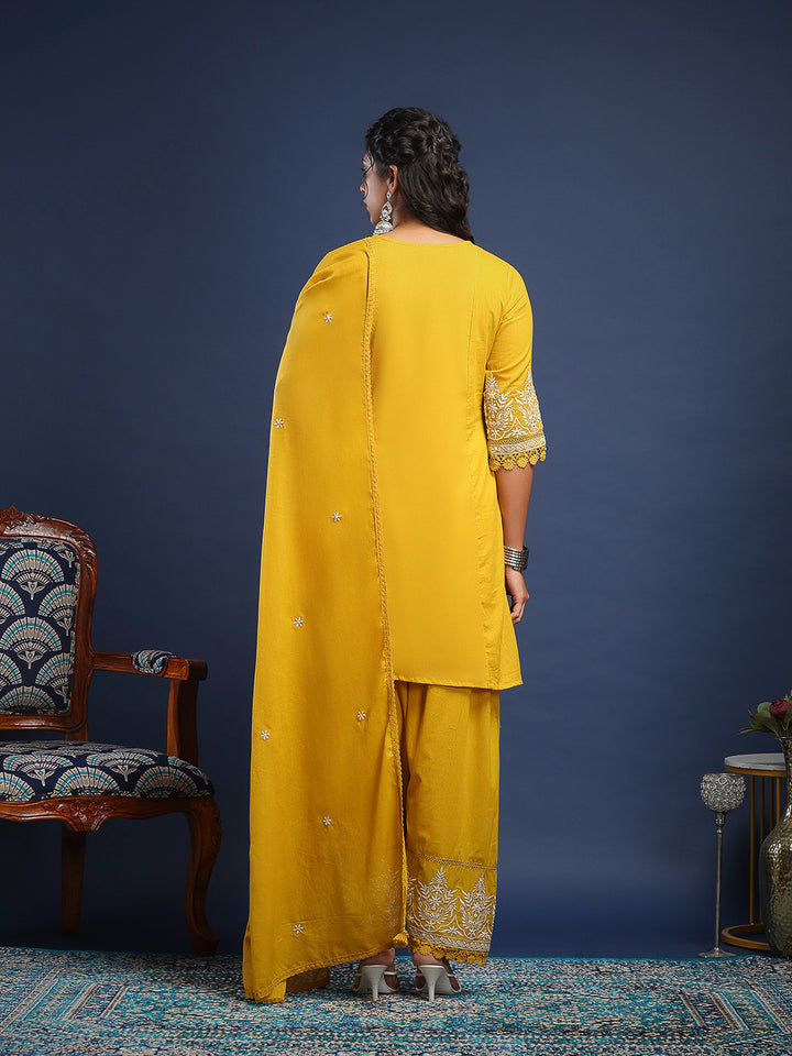 Embroidered Cotton Kurta With Pant &amp; Dupatta