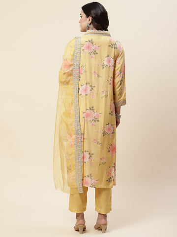 Floral Printed Muslin Kurta With Pants & Dupatta