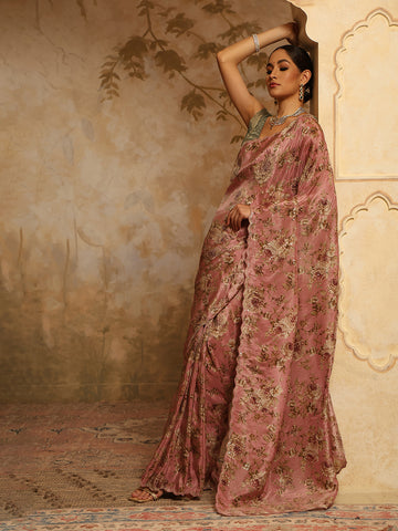 Floral Printed & Sequin Embroidery Organza Tissue Saree