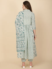 Floral Printed Cotton Kurta With Pants & Dupatta