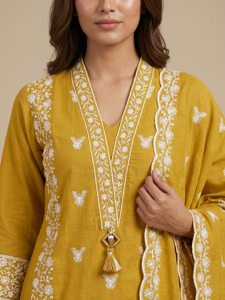 Mustard Embroidered Cotton Blend Straight Round Neck Suit Set