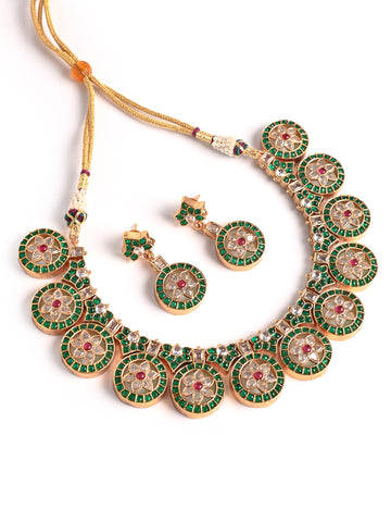 Golden & Green Kundan Necklace Set With Earrings