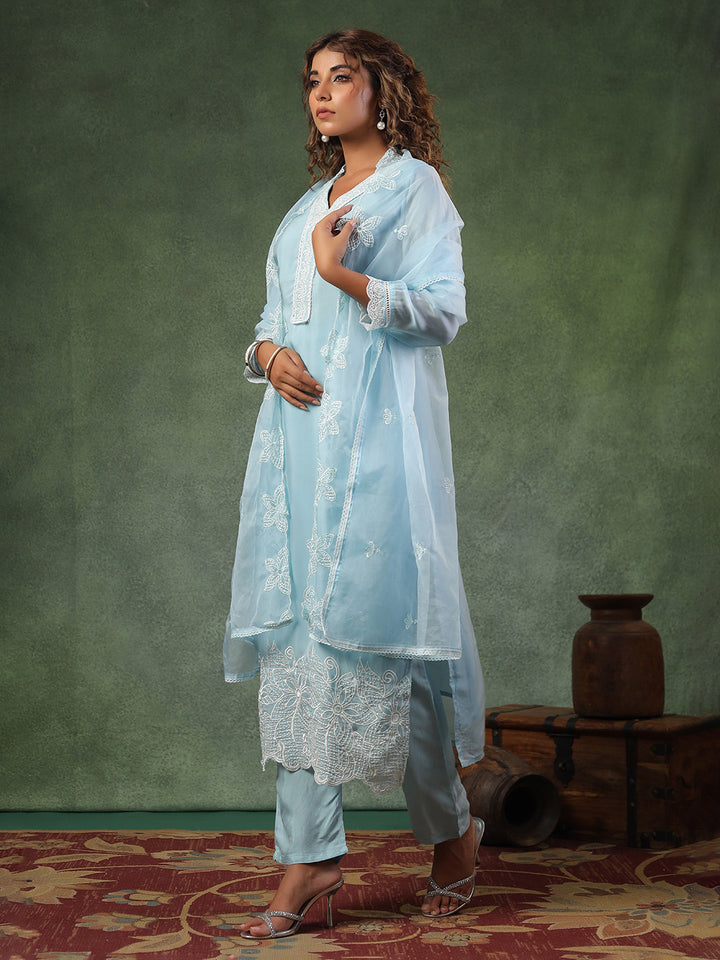 Blue Cotton Blend Embroidered Straight Suit Set