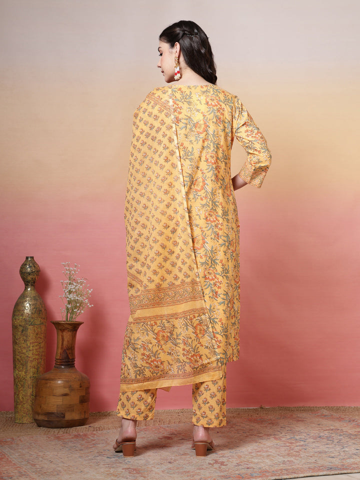 Embroidered Cotton Kurta With Pant &amp; Dupatta