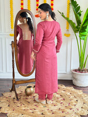 Neck Embroidery Cotton Blend Kurta With Pants & Dupatta