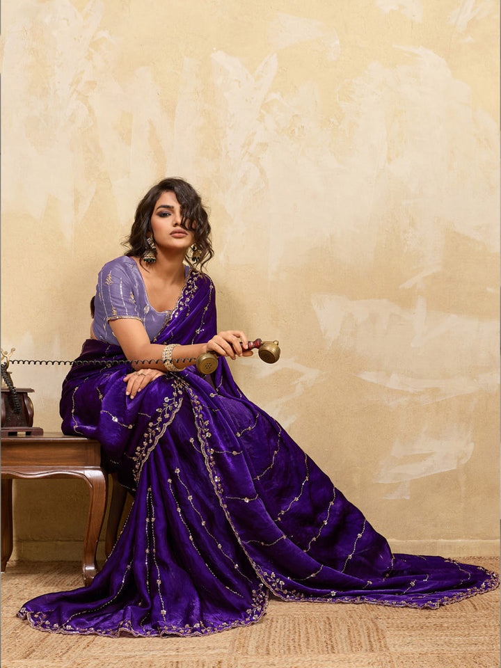 Embroidered Satin Velvet Saree