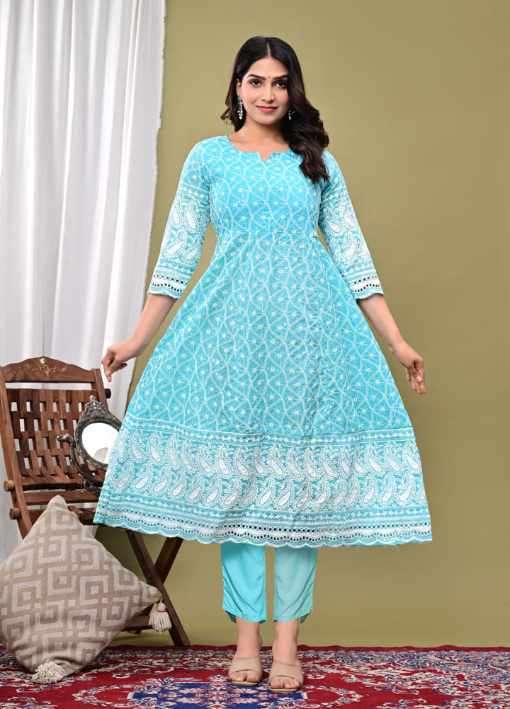 Embroidered Cotton Blend Kurta With Pant &amp; Dupatta