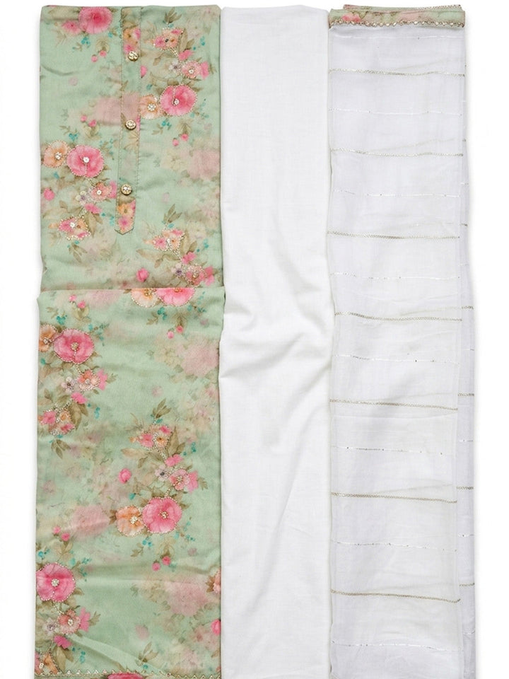 Printed Chanderi Unstitched Suit With Pant &amp; Dupatta