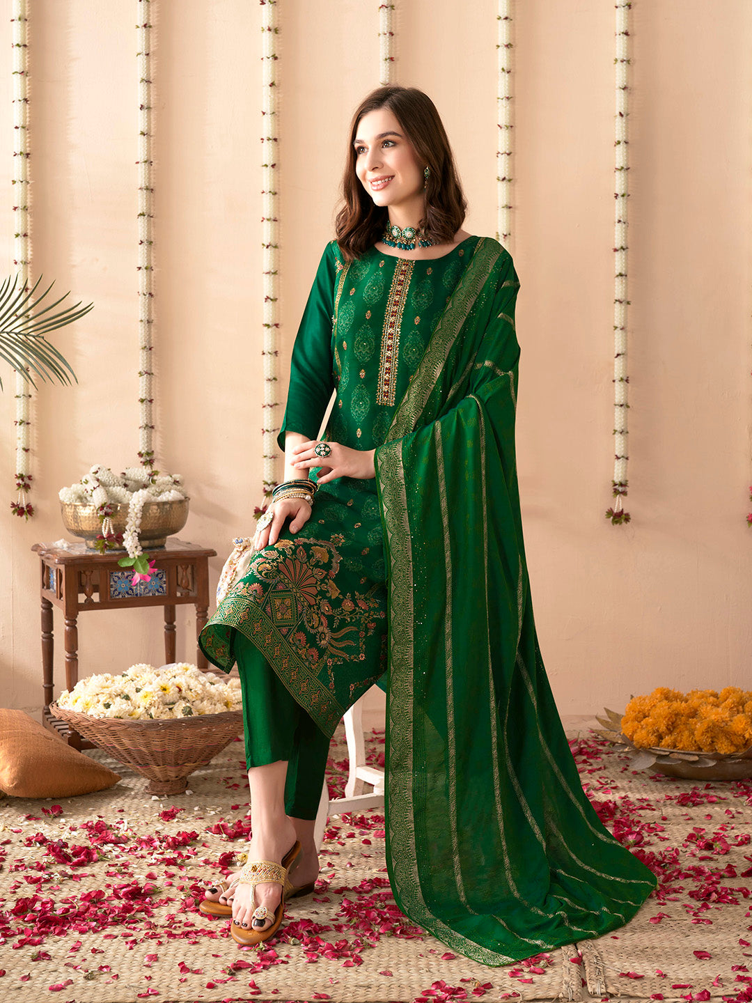 Embroidered Silk Kurta With Pant &amp; Dupatta