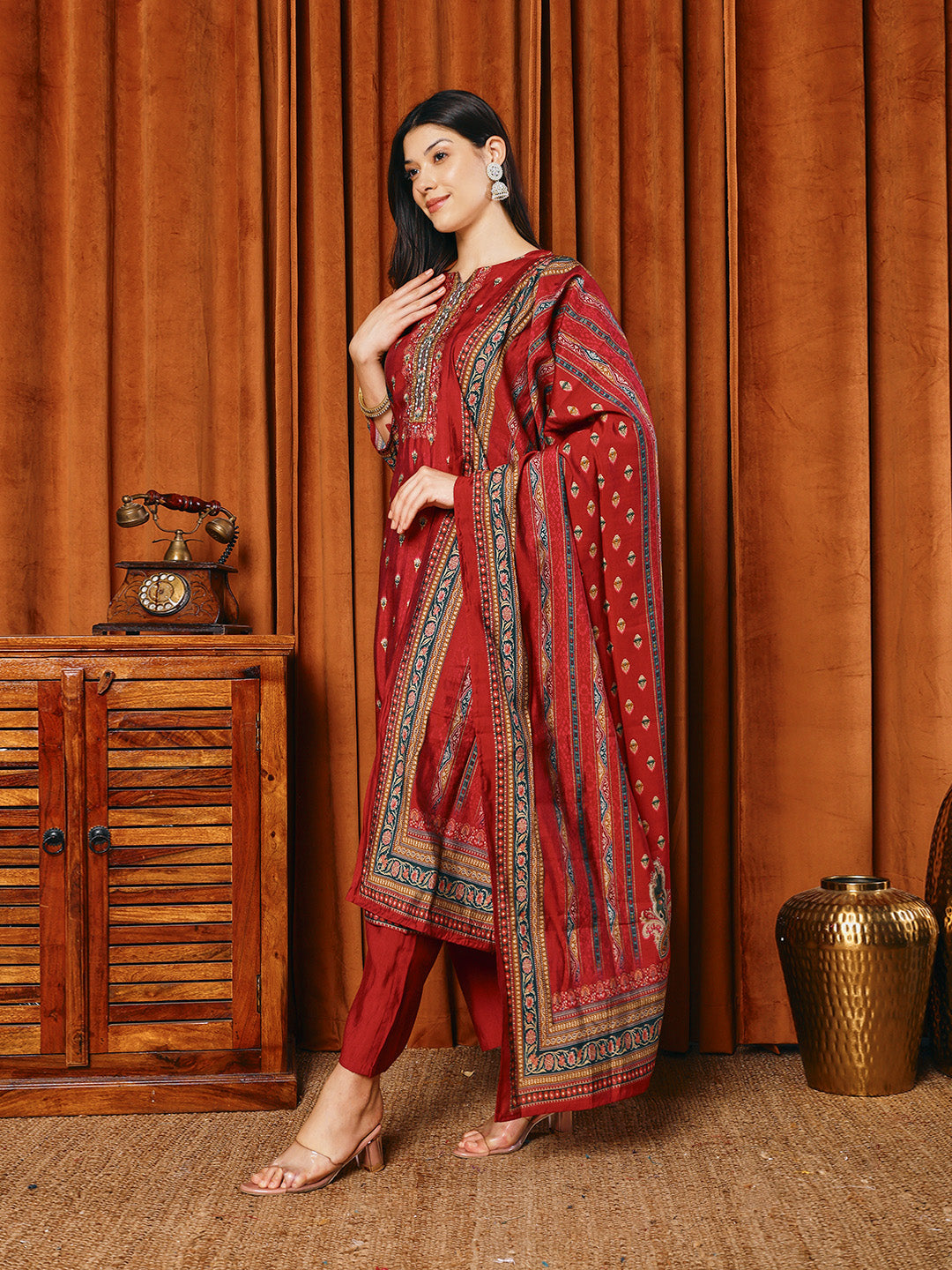 Printed Cotton Blend Kurta With Pants &amp; Dupatta