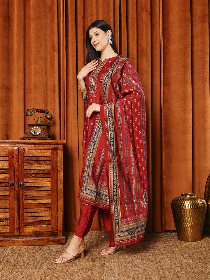 Printed Cotton Blend Kurta With Pants &amp; Dupatta