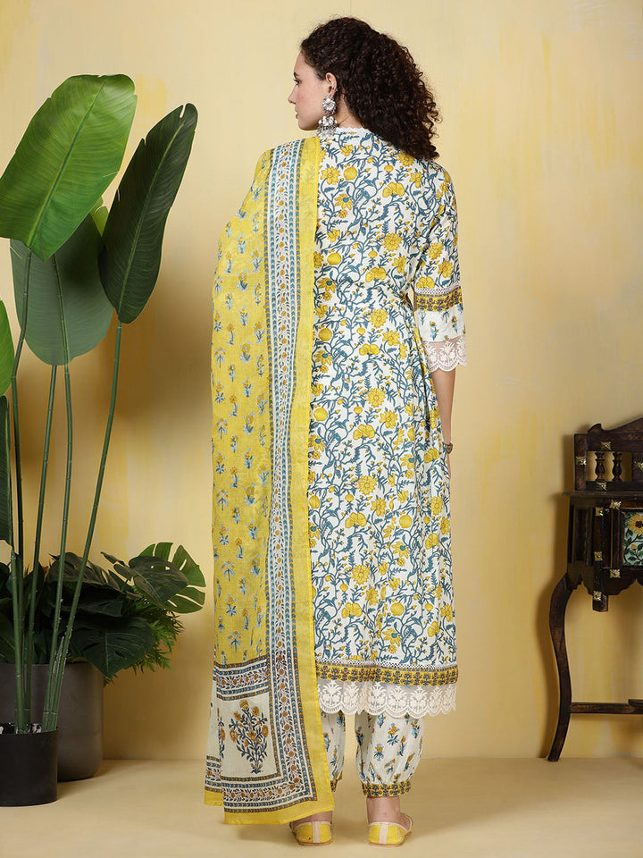 Printed Cotton Blend Kurta With Pants &amp; Dupatta