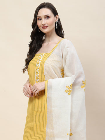 Stripes Woven Cotton Embroidery Unstitched Suit Piece With Dupatta