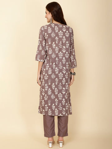 Neck Embroidery & Printed Cotton Kurta Set