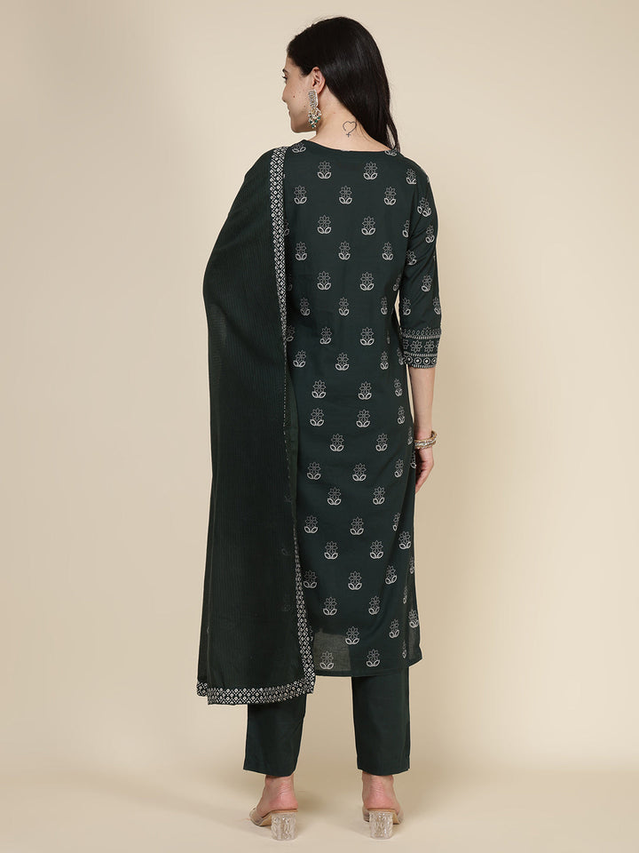 Printed Cotton Blend Kurta With Pants &amp; Dupatta